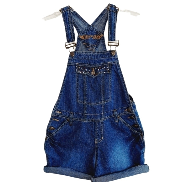 VTG Bib Overall Denim Shortalls Y2K 90's Small Medium ? Embellished Cutoffs - Picture 7 of 14